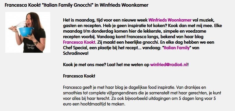 Francesca Kookt in de pers Winfrieds Woonkamer Radio 6 2014