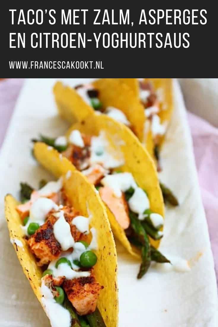 Taco's met zalm, groene asperges en citroen-yoghurt saus Zin in een fris lente gerecht? Deze taco's met zalm, groene asperges, doperwten en een citroen-yoghurt saus is zalig en kun je ook maken op de BBQ.