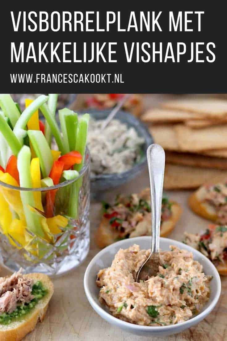 Ik ben laaiend enthousiast over het eindresultaat van de visborrelplank. Want niet alleen waren alle recepten voor borrelhapjes met vis heel makkelijk om te maken, het smaakte ook nog eens ontzettend lekker. Maak ook deze lekkere hapjes met vis. Zoals o.a. Makreelsalade met stokbrood, bruschetta’s met makreel, sjalot en tomaat, Olijven met ansjovis en amandelkruim, Crudité met ansjovisdip, Tonijnsalade. Lees alle borrelhapjes voor de borrelplank met vis op mijn website Francesca Kookt