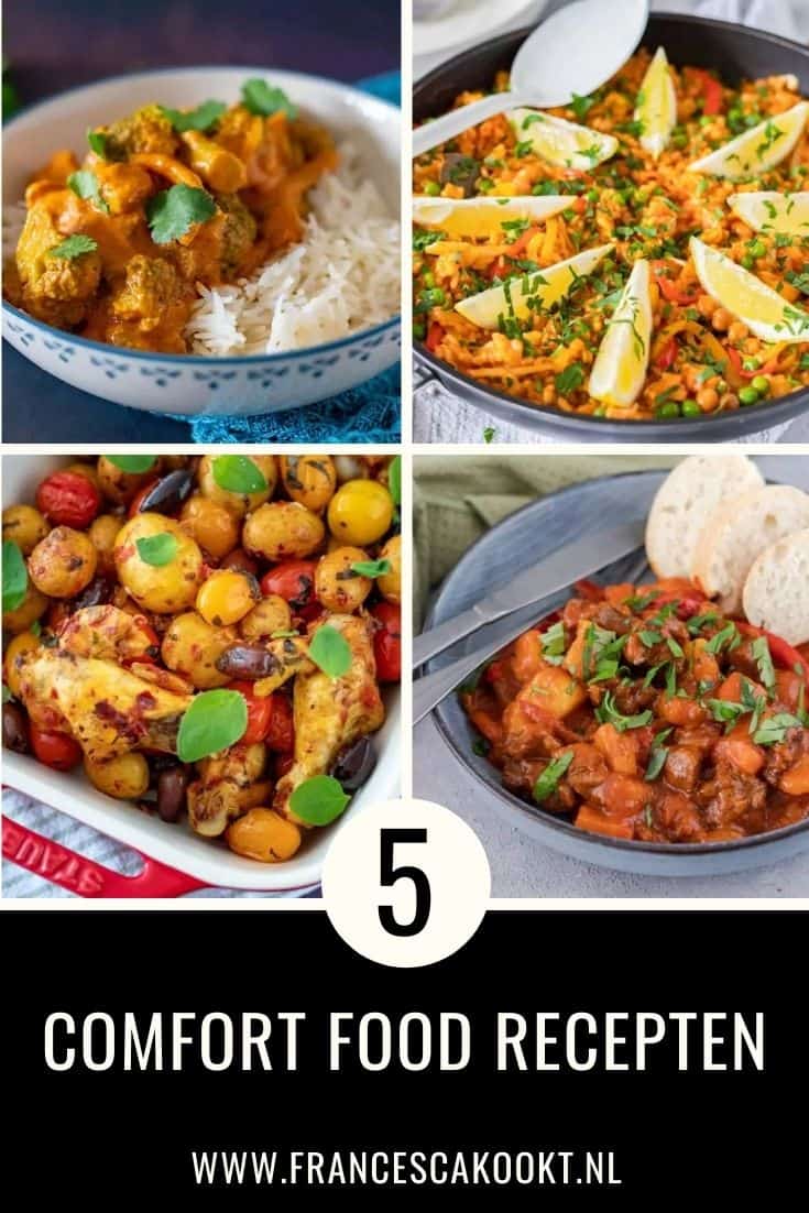 Ik ben gek op comfort food: Gerechten waar ik direct vrolijk van word bij de eerste hap. En die zowel met vlees, kip of vegetarisch kunnen zijn. Hoog tijd mijn 5 favoriete comfort food recepten te delen. Kip tikka masala met broccoli en rijst, Vegetarische paella, Zelfgemaakte goulash, Traybake met kip, krieltjes en rozenharissa Smokey beef taco’s met radijsjes en jalapeño. Ga naar mijn website en maak deze comfort food recepten