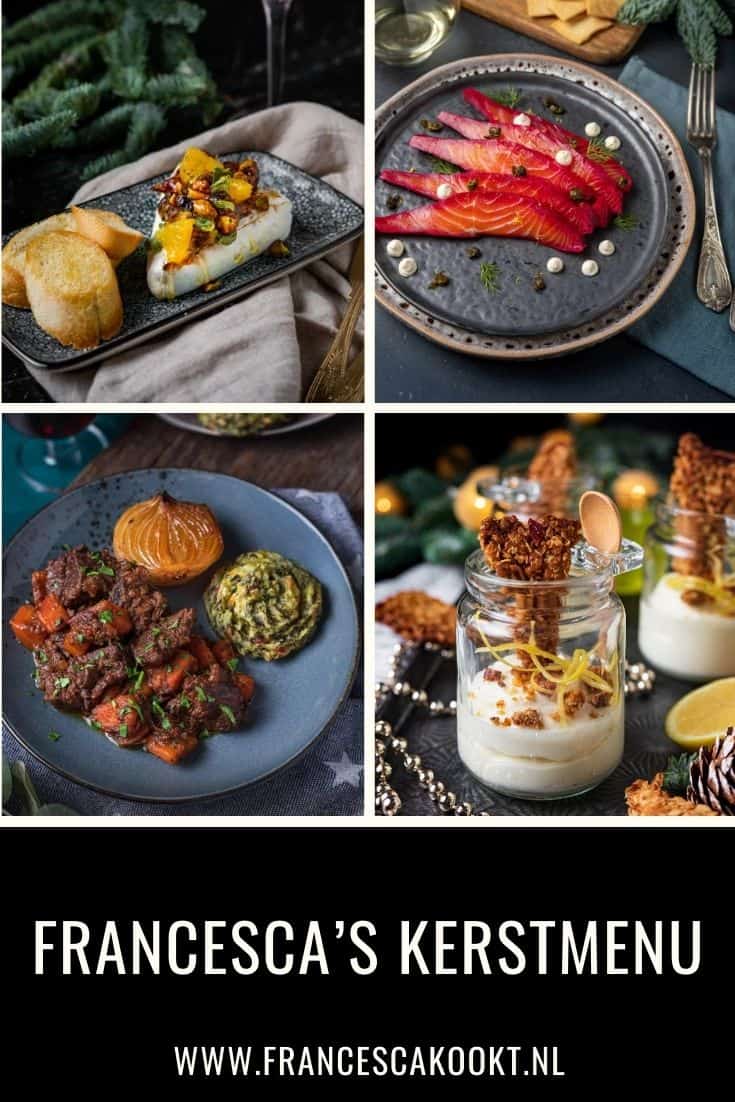 Kerstmenu recepten: kleine bijzonder gerechtjes voor Kerst. Borrelhapje of amuse: Gebakken brie met dadel, pistache en sinaasappel. Als voorgerecht: in biet gemarineerde zalm met citroencrème en gefrituurde kappertjes. Hoofdgerecht: stoofvlees met pommes duchesse van boerenkoolstamppot en gekarameliseerde uien. Dessert: citroen-mascarponemousse. Lees de kerst recepten op mijn website