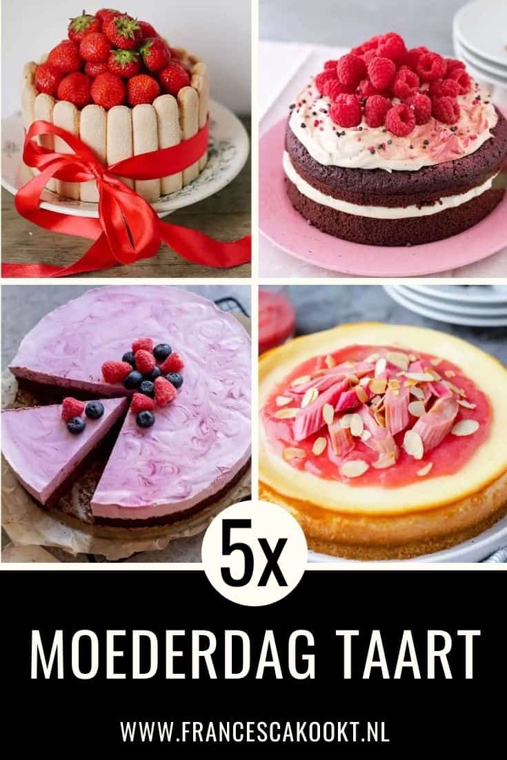 Zoek je lekkere moederdag recepten? Dan heb ik 5x een moederdag taart recept voor je. Zoals de Chocoladetaart met frambozenmousse, of de Ricotta cheesecake met rabarber (een heerlijk rabarber recept!), of maak de aardbeien charlotte. Of is jouw moeder gek op Chocoladecake met roomkaasfrosting en frambozen? Of juist op cheesecake met aardbeien, frambozen en citroen. Lees alle moederdag taart recepten en nog veel meer moederdag recepten op mijn website Francesca Kookt.