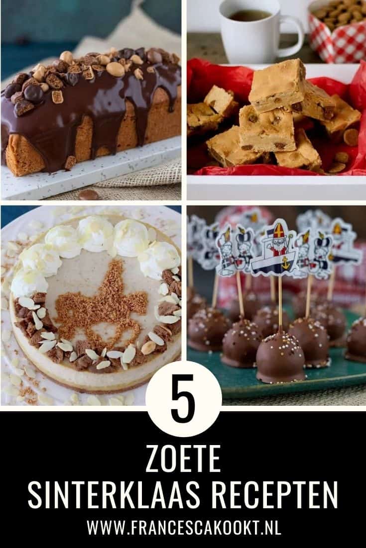 5. mijn 5 favoriete zoete Sinterklaas recepten. Super leuk: ga zelf chocoladeletters maken. Of maak de sinterklaascake met pindakaas en kruidnoten. Of gevulde speculaas cheesecake. Maak eens deze blondies met kruidnoten. En probeer zeker eens deze Kruidnoottruffels met gezouten karamel. Je vind alle sinterklaas recepten op mijn website Francesca Kookt.
